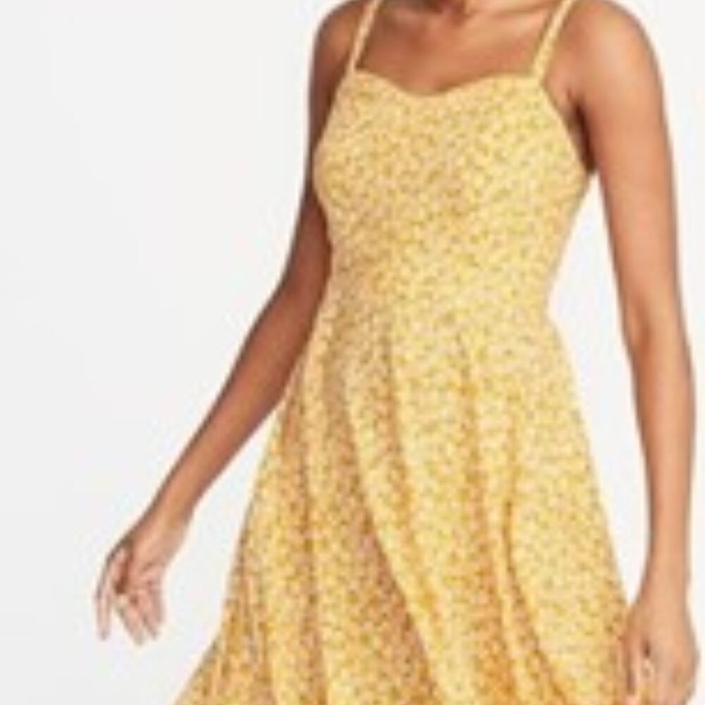 Old Navy Mustard ,navy & cream floral print.Fit & Flare  Cami Dress sz xl